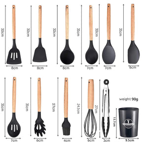 KIT Utensílios Para Cozinha em Silicone e Bambu - 12 Peças