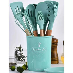 KIT Utensílios Para Cozinha em Silicone e Bambu - 12 Peças