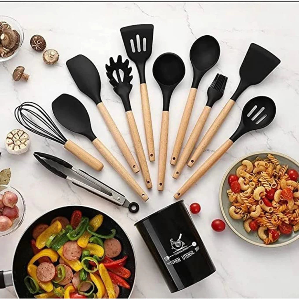 KIT Utensílios Para Cozinha em Silicone e Bambu - 12 Peças
