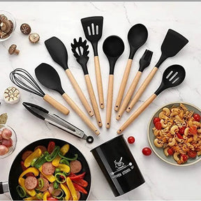 KIT Utensílios Para Cozinha em Silicone e Bambu - 12 Peças