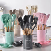 KIT Utensílios Para Cozinha em Silicone e Bambu - 12 Peças