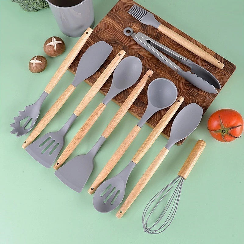 KIT Utensílios Para Cozinha em Silicone e Bambu - 12 Peças